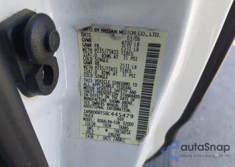 2006 Nissan Frontier Xe z USA, uszkodzony, nr VIN 1N6BD06T56C445479